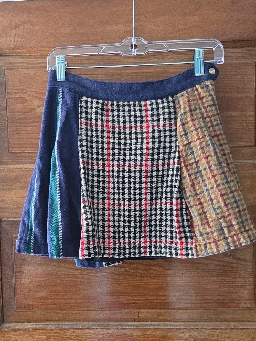 Patchwork Plaid Mini Skirt in Navy, Black & Tan